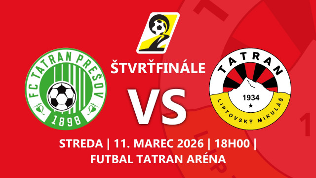 V ŠTVRŤFINÁLE SLOVNAFT CUPU VONKU PROTI PREŠOVU